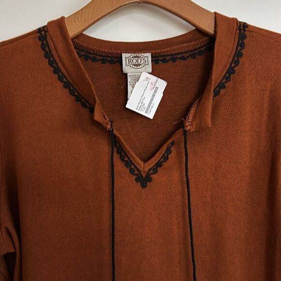 NWT Rod’s Western Tunic Shirt Rust Embroidered Black Bell Sleeves Size XXL - Picture 4 of 9